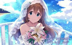 Rule 34 | aqua eyes, artist name, baba konomi, bare shoulders, beach, blue sky, blush, bouquet, bridal gauntlets, bridal veil, brown hair, cloud, cloudy sky, collarbone, dated, dot nose, dress, earrings, falling petals, flower, flower earrings, flower necklace, furrowed brow, hair between eyes, hair flower, hair ornament, handrail, happy birthday, holding, holding bouquet, idolmaster, idolmaster million live!, idolmaster million live! theater days, ima (lm ew), jewelry, light smile, lily (flower), long hair, looking at viewer, necklace, ocean, official alternate hairstyle, petals, pink flower, pink rose, rose, sidelocks, sky, sparkle, upper body, veil, waves, wedding dress, white dress