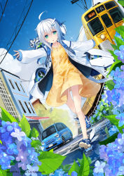 Rule 34 | 1girl, :o, ahoge, car, dress, flower, green eyes, hair between eyes, hair ornament, hairclip, highres, hydrangea, long sleeves, motor vehicle, nanaroku (fortress76), open mouth, shoes, sleeves past wrists, solo, white hair, z/x, zzz
