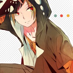 Rule 34 | 1boy, black jacket, closed mouth, color7, diagonal stripes, holding, holding mask, hood, hood up, hoodie, jacket, kagerou project, kano shuuya, layered sleeves, light brown hair, looking to the side, lowres, male focus, mask, orange hair, red eyes, shirt, short hair, smile, striped, striped background, white background