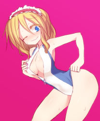 Rule 34 | 1girl, alice margatroid, bare shoulders, bent over, blonde hair, blue eyes, blush, breasts, cleavage, cleavage cutout, clothing cutout, competition swimsuit, front zipper swimsuit, hairband, halterneck, hand on own chest, hand on own hip, kuresento, meme attire, one-piece swimsuit, one eye closed, pink background, simple background, skin tight, solo, sweat, swimsuit, touhou, unzipped, wavy mouth, zipper