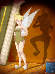Rule 34 | 1girl, absurdres, bare shoulders, blonde hair, book, breasts, cleavage, commentary, different shadow, dress, english commentary, fairy wings, full body, green dress, hair bun, hands on own hips, highres, jeftoon01, medium breasts, mini person, minigirl, needle, peter pan (disney), pout, sewing needle, short dress, signature, single hair bun, solo, spool, strapless, strapless dress, thread, tinker bell (disney), wings