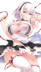 Rule 34 | 1girl, anchor choker, armpits, azur lane, breasts, choker, cleavage, commentary request, dress, frilled choker, frills, hair between eyes, hairband, highres, lace-trimmed hairband, lace trim, large breasts, maid, maid headdress, navel, neko ni mieru, open mouth, panties, red eyes, red ribbon, ribbon, short hair, sirius (azur lane), skindentation, thighhighs, thighs, torn clothes, torn dress, underboob, underwear, white frills, white hair, white panties, white thighhighs