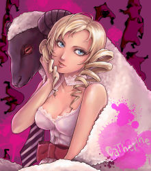Rule 34 | 1girl, adjusting hair, ajaco a, animal, atlus, bare shoulders, blonde hair, blue eyes, catherine, catherine (game), character name, choker, drill hair, light smile, lips, looking away, paint splatter, parted lips, pink background, sheep, twintails