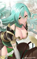 Rule 34 | 1girl, aqua hair, armor, breastplate, breasts, chloe (fire emblem), cleavage, feathered wings, fire emblem, fire emblem engage, garter straps, gloves, green eyes, haru (nakajou-28), highres, holding, holding polearm, holding weapon, horse, large breasts, long hair, nintendo, pegasus, pegasus knight uniform (fire emblem), pegasus wings, polearm, shoulder armor, smile, swept bangs, thighhighs, weapon, wings