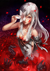 Rule 34 | 1girl, blood, blood on face, breasts, cleavage, drag-on dragoon, drag-on dragoon 3, dress, flower, flower eyepatch, flower over eye, jiro (ninetysix), long hair, petals, red eyes, solo, white hair, zero (drag-on dragoon)