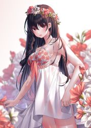Rule 34 | 1girl, absurdres, bare shoulders, black hair, blurry, blurry background, blurry foreground, blush, braid, breasts, brown hair, clothes lift, commentary, commentary request, cowboy shot, dress, dress lift, floral print, flower, flower wreath, hair between eyes, hair ornament, head wreath, highres, kinty, large breasts, lifted by self, long hair, looking at viewer, mole, mole under eye, open mouth, original, pink flower, red eyes, red flower, rose, see-through, side braid, single braid, sleeveless, sleeveless dress, solo, standing, white dress, white flower