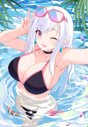 Rule 34 | 1girl, ;d, absurdres, armpits, arms up, bare arms, bare shoulders, bikini, black bikini, black choker, breasts, choker, cleavage, clownfish, earrings, eyewear on head, fish, highres, jewelry, large breasts, long hair, looking at viewer, one eye closed, open mouth, original, oywj, partially submerged, pink eyes, sidelocks, smile, solo, stomach, strap gap, string bikini, sunglasses, swimsuit, tropical fish, v, very long hair, water, wet, white hair