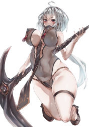 Rule 34 | 1girl, alexi oekaki, bare arms, bare shoulders, black footwear, blush, breasts, covered erect nipples, covered navel, grey eyes, grey hair, high heels, highres, holding, holding scythe, holding weapon, large breasts, long hair, looking at viewer, original, scythe, simple background, solo, thigh strap, thighs, weapon, white background