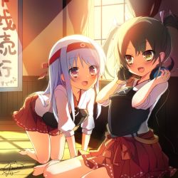 Rule 34 | 10s, 2girls, :d, amamine, bad id, bad pixiv id, barefoot, brown eyes, brown hair, headband, headphones, headphones removed, kantai collection, legs, long hair, multiple girls, muneate, open mouth, purple eyes, shoukaku (kancolle), signature, silver hair, sitting, smile, translation request, twintails, zuikaku (kancolle)