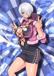 Rule 34 | 1girl, angel (kof), blue eyes, breasts, cleavage, cosplay, double v, dress, grey hair, hair over one eye, highres, jacket, large breasts, legs, looking at viewer, navel, parted lips, shermie (kof), short hair, smile, snk, solo, the king of fighters, the king of fighters xv, thighs, v