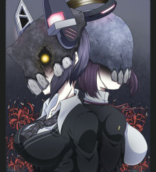 Rule 34 | 10s, 2girls, abyssal ship, back-to-back, breasts, colored skin, commentary request, dark persona, flower, glowing, glowing eyes, halo, kani club, kantai collection, mask, mechanical halo, multiple girls, purple hair, shaded face, short hair, spider lily, tatsuta (kancolle), tenryuu (kancolle), white skin, yellow eyes