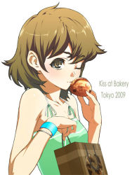 Rule 34 | 1girl, bag, blush, bracelet, brown hair, camisole, collarbone, green eyes, iqu, jewelry, looking at viewer, one eye closed, original, shopping bag, short hair, simple background, solo, upper body, white background, wink