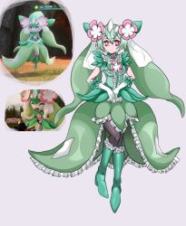 Rule 34 | 1girl, absurdres, boots, bright pupils, chinese commentary, commentary request, creature and personification, dress, expressionless, flower, frilled shirt, frills, full body, game screenshot inset, gloves, green dress, green footwear, green shirt, hair flower, hair ornament, highres, humanization, knee boots, koshou shou mitsu, long hair, looking at viewer, pal (creature), palworld, petallia, red eyes, reference inset, shirt, simple background, sleeveless, sleeveless shirt, white background, white gloves, white pupils