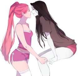 Rule 34 | 2girls, adventure time, bare arms, bare legs, black hair, breasts, brown shirt, camisole, cleavage, closed mouth, collarbone, colored skin, commentary, dolphin shorts, earrings, english commentary, feet out of frame, grey skin, hand on another&#039;s knee, imminent kiss, jewelry, long hair, marceline abadeer, medium breasts, mekayle, midriff peek, multiple girls, panties, parted lips, pink camisole, pink hair, pink panties, pink shorts, ponytail, princess bonnibel bubblegum, shirt, short sleeves, shorts, simple background, sitting, standing, stud earrings, t-shirt, thighhighs, underwear, white background, white legwear, yuri