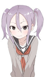 Rule 34 | 1girl, absurdres, alternate hairstyle, black sailor collar, blush, brown eyes, closed mouth, collarbone, commentary request, grey shirt, hair between eyes, highres, neckerchief, parted bangs, purple hair, red neckerchief, sailor collar, shirt, sidelocks, simple background, solo, soredemo ayumu wa yosetekuru, sweat, twintails, twintails day, upper body, wavy mouth, white background, yamamoto souichirou, yaotome urushi