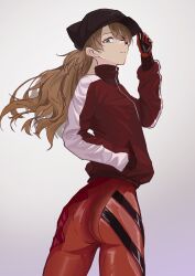 Rule 34 | 1girl, absurdres, artist request, ass, blue eyes, bodysuit, breasts, brown hair, evangelion: 3.0 you can (not) redo, hand in pocket, hat, highres, huge ass, jacket, long hair, looking at viewer, looking back, neon genesis evangelion, plugsuit, rebuild of evangelion, red bodysuit, shiny clothes, simple background, small breasts, solo, souryuu asuka langley, track jacket, wide hips