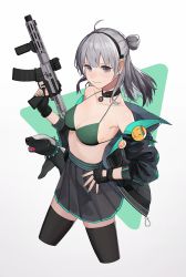 Rule 34 | 1girl, aac honey badger, absurdres, advanced armament corporation, ahoge, animal, aoiro (t aoiro123), assault rifle, badge, badger, bikini, bikini top only, black choker, black gloves, black jacket, black skirt, black thighhighs, breasts, carbine, choker, cleavage, collar, commentary, commission, cropped legs, fingerless gloves, girls&#039; frontline, gloves, green bikini, green nails, grey hair, gun, hair bun, highres, holding, holding gun, holding weapon, honey badger (girls&#039; frontline), integral suppressor, integrally-suppressed firearm, jacket, looking at viewer, medium breasts, medium hair, nail polish, off shoulder, personal defense weapon, pleated skirt, purple eyes, q (firearms company), rifle, simple background, single hair bun, skeb commission, skirt, spiked collar, spikes, suppressor, swimsuit, thighhighs, two-tone background, weapon