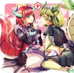 2girls apron breasts cake chef closed_eyes dragon_girl dragon_horns dragon_tail dragon_wings duel_monster feeding food green_eyes grey_hair heart highres holding holding_plate holding_spoon horns kitchen_dragonmaid large_breasts long_hair long_sleeves looking_at_another maid maid_apron maid_headdress multiple_girls open_mouth parlor_dragonmaid plate red_hair sitting spoken_heart spoon tail tail_wagging thighhighs wariza white_apron wings yu-gi-oh! yukari_(ykykr3) yuri