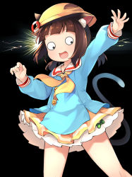 Rule 34 | 1girl, :d, animal ear fluff, animal ears, azur lane, bare legs, black background, blush, brown hair, buttons, candy, cat ears, cat girl, cat tail, commentary request, cowboy shot, fang, food, hat, hat ornament, kindergarten uniform, lifebuoy hair ornament, lightning background, lollipop, long sleeves, looking down, low twintails, miniskirt, mutsuki (azur lane), mutsuki face (azur lane), neckerchief, open mouth, outstretched arm, pleated skirt, sailor collar, school hat, short hair, short twintails, sidelocks, simple background, skirt, smile, solo, standing, tail, tail raised, twintails, white sailor collar, yellow hat, yellow neckerchief, yellow skirt, youhei 64d