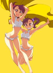 Rule 34 | armpits, arms up, bad id, bad twitter id, bare legs, barefoot, bikini, bikini pull, blush, brown eyes, brown hair, clothes pull, frilled bikini, frills, futami ami, futami mami, grin, hair ornament, idolmaster, idolmaster (classic), kusanagi tonbo, looking at viewer, navel, outstretched arms, siblings, side ponytail, simple background, sisters, smile, star (symbol), star hair ornament, swimsuit, twins, white bikini, yellow background