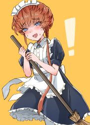 Rule 34 | !, 1girl, absurdres, apron, blue eyes, blush, braid, broom, brown hair, buttons, fate/grand order, fate (series), hair ribbon, highres, holding, holding broom, looking at viewer, maid, maid apron, maid headdress, open mouth, ribbon, shimogamo (shimomo 12), side braid, simple background, solo, sweat, teeth, van gogh (fate), white apron, white ribbon, yellow background