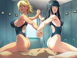 Rule 34 | 1boy, 2girls, ass, back, bare shoulders, barefoot, black hair, blonde hair, blush, breasts, censored, clothed female nude male, competition swimsuit, dark skin, femdom, ffm threesome, game cg, girl on top, green eyes, group sex, hair between eyes, happy sex, hime cut, holding hands, indoors, interlocked fingers, kikutei nanno, large breasts, legs, locker, locker room, long hair, looking at viewer, minamoto sono, multiple girls, noriheita, nude, one-piece swimsuit, one-piece thong, open mouth, purple eyes, reverse cowgirl position, reverse spitroast, sex, sex from behind, sitting, sitting on face, sitting on person, straddling, swimsuit, thighs, threesome, tokunou shirumamire!, wedgie, window