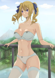Rule 34 | 1girl, absurdres, angelina kudou shields, bare shoulders, blonde hair, bow, bow bra, bow panties, bra, breasts, cleavage, cloud, drill hair, hair ribbon, highres, large breasts, long hair, looking at viewer, mahouka koukou no rettousei, mountain, navel, outdoors, panties, purple eyes, ribbon, sidelocks, skindentation, solo, thighhighs, tree, twin drills, twintails, underwear, underwear only, water, white bra, white panties, white thighhighs, yone-chan (kuwm5222)