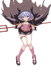 Rule 34 | 1girl, alternate costume, bare arms, belt, black footwear, black gloves, black skirt, blue hair, blush, breasts, buttons, cape, chinese text, fkey, from above, full body, gloves, halloween costume, highres, hood, horns, kneehighs, knees together feet apart, looking at viewer, pink socks, polearm, red eyes, remilia scarlet, shoes, simple background, sitting, skirt, small breasts, socks, solo, thigh strap, touhou, trident, weapon, white background