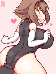 Rule 34 | 1girl, alternate costume, artist logo, black dress, brown hair, china dress, chinese clothes, commentary request, dated, dress, elbow gloves, flipped hair, from behind, gloves, kanon (kurogane knights), kantai collection, mutsu (kancolle), one-hour drawing challenge, open mouth, pink background, short hair, simple background, smile, solo, white gloves