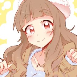 Rule 34 | 10s, 1girl, 6 (yuchae), blunt bangs, brown hair, eyebrows, eyelashes, hat, idolmaster, idolmaster cinderella girls, jewelry, kamiya nao, long hair, long sleeves, looking at viewer, necklace, sidelocks, simple background, smile, solo, sweater, thick eyebrows, winter clothes