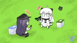 Rule 34 | 2girls, ahoge, akatsuki (kancolle), bug, butterfly, commentary, commentary request, animal crossing, hat, holding, holding bug, bug, kantai collection, lawn, long hair, long sleeves, multiple girls, nintendo, northern ocean princess, nyonyonba tarou, purple hair, sailor hat, school uniform, short hair, sitting, skirt, striped, white hair