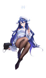 Rule 34 | 1girl, absurdres, bag, black footwear, blue eyes, blue hair, blue nails, blush, boots, breasts, brown pantyhose, charles (106858), copyright request, dress, full body, grin, hair between eyes, heart, heart-shaped pupils, highres, holding, horns, invisible chair, long hair, long sleeves, looking at viewer, medium breasts, multiple horns, nail polish, pantyhose, simple background, sitting, smile, symbol-shaped pupils, very long hair, white background, white dress, white headwear