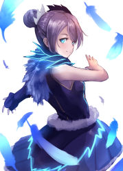 Rule 34 | 1girl, alternate hairstyle, blue eyes, capelet, dress, feathers, fur trim, grey hair, hair bun, highres, kanabun, looking at viewer, looking back, love live!, love live! sunshine!!, simple background, single hair bun, single sleeve, smile, solo, watanabe you, water blue new world, white background