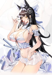 Rule 34 | 1girl, arm scrunchie, atago (azur lane), atago (summer march) (azur lane), atago (summer march) (azur lane), azur lane, bare shoulders, bikini, black hair, bow, breasts, covered erect nipples, hair behind ear, hair ornament, highres, kuroha (rockluo213), large breasts, long hair, looking at viewer, midriff, navel, see-through, see-through skirt, skirt, solo, swimsuit, tongue, tongue out, turret, white bikini, white bow, yellow eyes