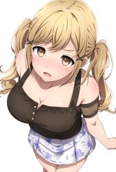 Rule 34 | 1girl, bang dream!, black shirt, blush, breasts, cleavage, collarbone, floral print, highres, ichigaya arisa, large breasts, light brown hair, looking at viewer, looking up, noshimurin, print skirt, shirt, simple background, skirt, solo, twintails, white background