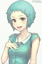 Rule 34 | 1girl, aqua hair, blush, breasts, brown eyes, gofelem, hand on own chest, looking at viewer, open mouth, persona, persona 3, short hair, simple background, smile, solo, white background, yamagishi fuuka