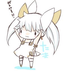 Rule 34 | &gt;:3, 10s, 1girl, :3, arms up, blush stickers, bow, chibi, hachitori tobari, hair bow, hair ribbon, kneehighs, ribbon, sleeveless, socks, solo, tama (wixoss), twintails, v-shaped eyebrows, white hair, wixoss
