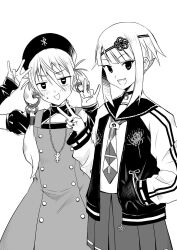 Rule 34 | 2girls, :d, arm up, bags under eyes, blush, choker, dress, fang, gesture, greyscale, hair between eyes, hand in pocket, hand up, hat, jacket, letterman jacket, long hair, long sleeves, low twintails, mole, mole under eye, monochrome, multiple girls, nail polish, necktie, okiru, open clothes, open jacket, open mouth, original, pleated skirt, puffy long sleeves, puffy short sleeves, puffy sleeves, sailor collar, school uniform, serafuku, shirt, short sleeves, sidelocks, simple background, skirt, sleeves past wrists, smile, sweat, twintails, v, white background