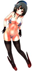 Rule 34 | 1girl, beret, black gloves, black thighhighs, blue hat, blue one-piece swimsuit, blush, breasts, covered erect nipples, full body, gloves, hat, highres, kantai collection, large breasts, looking at viewer, nipples, one-piece swimsuit, parted lips, red footwear, rudder footwear, sasahara yuuki, short hair, simple background, slingshot swimsuit, solo, sweat, swimsuit, takao (kancolle), tears, thighhighs, white background