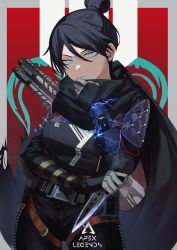 Rule 34 | 1girl, absurdres, animification, apex legends, belt, black belt, black bodysuit, black bun, black scarf, blue eyes, bodysuit, breasts, copyright name, gloves, grey gloves, gun, gun on back, hair bun, highres, holding, holding knife, iyo (iyoo), knife, kunai, m1904 mastiff, medium breasts, nose piercing, parted lips, piercing, scarf, solo, thigh strap, weapon, weapon on back, wraith&#039;s kunai, wraith (apex legends)
