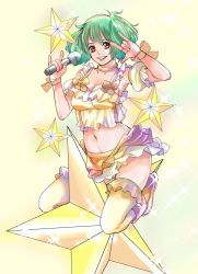 Rule 34 | 1girl, camisole, detached sleeves, frilled camisole, frilled thighhighs, frills, green hair, macross, macross frontier, microphone, midriff, puffy short sleeves, puffy sleeves, ranka lee, red eyes, ribbon, seikan hikou, short hair, short sleeves, smile, solo, star (symbol), straddling, tamakoshi horiyuki, thighhighs, wrist ribbon