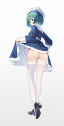 Rule 34 | 1girl, absurdres, ass, black footwear, blue bow, blue dress, blue eyes, bow, closed mouth, clothes lift, dress, dress lift, from behind, garter straps, green hair, hat, hat bow, high heels, highres, lifted by self, long sleeves, looking at viewer, looking back, original, panties, sailor dress, short hair, simple background, smile, solo, thighhighs, underwear, white background, white hat, white panties, white thighhighs, xintianou