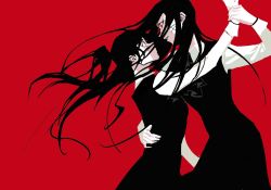 Rule 34 | 2girls, black dress, black hair, chainsaw man, collared shirt, curtsey, dress, flat color, highres, holding another&#039;s wrist, junjungua, long hair, looking at another, mitaka asa, multiple girls, no lineart, red background, red eyes, scar, scar on face, shirt, simple background, surprised, torso grab, yoru (chainsaw man)