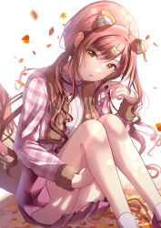 Rule 34 | 1girl, animal ears, autumn, autumn leaves, blush, citrusmikan, falling leaves, fur trim, hair ornament, hairclip, highres, hugging own legs, idolmaster, idolmaster shiny colors, knees to chest, knees up, leaf, legs together, legs up, long hair, long sleeves, looking at viewer, low twintails, maple leaf, official alternate costume, official alternate hairstyle, open mouth, osaki amana, pink skirt, plaid, plaid shirt, raccoon ears, red hair, shirt, sitting, skirt, smile, solo, swept bangs, twintails, yellow eyes