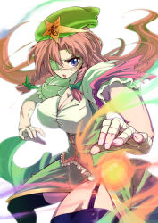 Rule 34 | 1girl, bandages, blue eyes, braid, breasts, china dress, chinese clothes, dress, eyepatch, female focus, garter straps, hat, hong meiling, immaterial and missing power, kage houshi, long hair, red hair, scar, solo, thighhighs, touhou, twin braids, white background