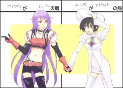 Rule 34 | 2girls, atwight eks, belt, black hair, blue eyes, breasts, choker, cosplay, costume switch, detached sleeves, gloves, hat, long hair, midriff, multiple girls, navel, open mouth, purple hair, red eyes, rutee katrea, tales of (series), tales of destiny, thighhighs