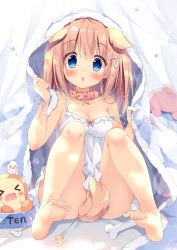 Rule 34 | 1girl, :o, ahoge, animal ears, bare shoulders, barefoot, between legs, blanket, blonde hair, blue eyes, blush, bone, bone hair ornament, bowl, breasts, character name, chemise, cleavage, collar, commentary request, dog ears, dog tail, fang, feet, hair ornament, kemonomimi mode, knees up, looking at viewer, medium breasts, no panties, original, pan (mimi), parted lips, pet bowl, pink collar, ribbon, sitting, soles, solo, strap slip, stuffed animal, stuffed rabbit, stuffed toy, tail, tail between legs, tail censor, toe scrunch, toes, wing hair ornament, wrist ribbon
