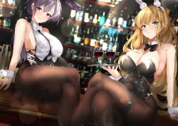 Rule 34 | 2girls, alcohol, animal ears, arm support, azur lane, bar (place), bare shoulders, between breasts, bikini, black bikini, black bow, black leotard, black neckwear, blonde hair, blue eyes, blurry, blush, bottle, bow, breasts, cleavage, crossed legs, cup, detached collar, drinking glass, fake animal ears, hair ornament, highres, holding, holding tray, large breasts, leotard, long hair, looking at viewer, multiple girls, mutou mame, necktie, necktie between breasts, north carolina (azur lane), north carolina (the heart&#039;s desire) (azur lane), official alternate costume, pantyhose, playboy bunny, purple eyes, purple hair, rabbit ears, rabbit hair ornament, reno (azur lane), reno (reno bunnino) (azur lane), see-through clothes, shirt, short hair, sideboob, sitting, sleeveless, sleeveless shirt, smile, swimsuit, thigh strap, tray, wrist cuffs