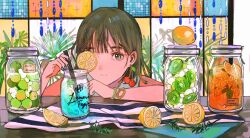 Rule 34 | 1girl, bare arms, bare shoulders, blue eyes, blue nails, buchi (qooo003), cherry earrings, closed mouth, commentary request, dress, earrings, food, food-themed earrings, food themed earrings, fruit, green hair, hand up, highres, holding, jar, jewelry, kiwi (fruit), kiwi slice, lemon, lemon slice, lime (fruit), lime slice, looking at viewer, nail polish, one eye covered, original, revision, sleeveless, sleeveless dress, smile, solo, table, white dress