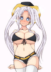 Rule 34 | 1girl, alternate hairstyle, azur lane, bare shoulders, belt, bikini, bikini top only, black bikini, black shorts, blue eyes, blush, breasts, cleavage, closed mouth, collarbone, commentary request, cosplay, cowboy hat, cowboy shot, cutoffs, denim, denim shorts, embarrassed, front-tie bikini top, front-tie top, groin, hair intakes, hat, highres, hornet (azur lane), hornet (azur lane) (cosplay), imagawa akira, large breasts, long hair, looking at viewer, navel, nose blush, parted bangs, short shorts, shorts, sidelocks, silver hair, simple background, solo, standing, steaming body, stomach, sweat, nervous sweating, swimsuit, thighhighs, thighs, twintails, underboob, very long hair, wavy mouth, white background, white thighhighs, yellow belt, yorktown (azur lane)